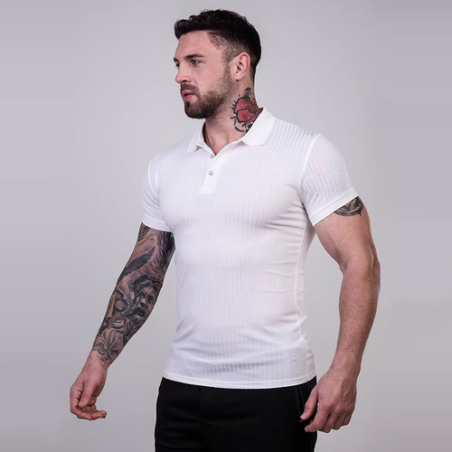 Stylish Muscle Men High-Elastic Knit Wrinkle-Resistant Tailored Polo Shirt for Fitness and Sports, Fashion with a High-End Feel, Short-Sleeved
