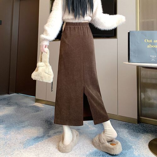 Corduroy autumn and winter velvet skirt for women's mid-long new high-waist slimming one-step dress temperament hip skirt
