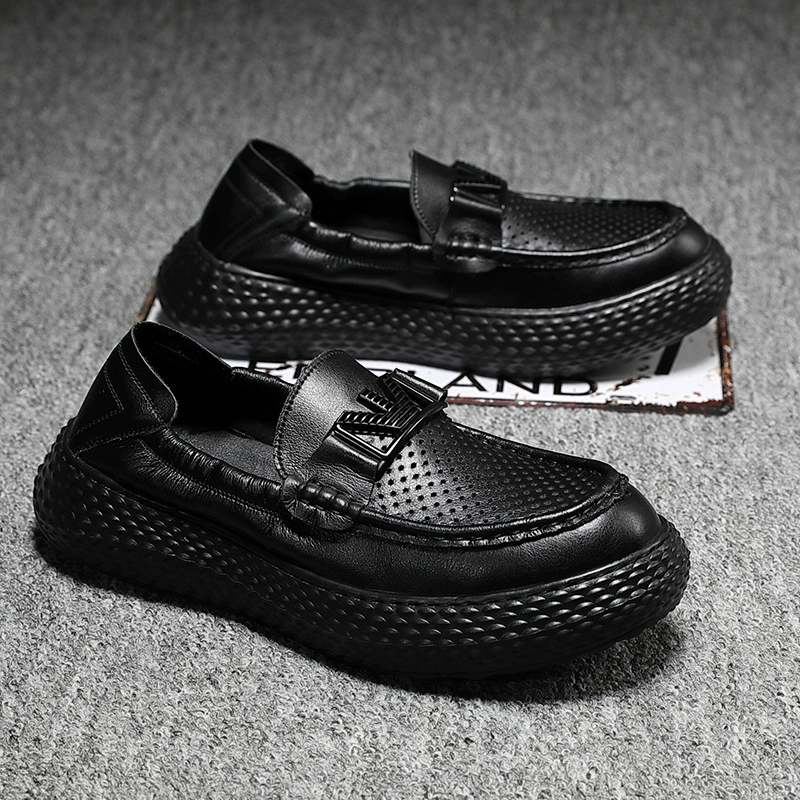 Doug Shoes, мужские летние дышащие повседневные сетчатые кожаные туфли из натуральной кожи, мужские черные лоферы, обувь для вождения