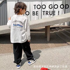 100% Cotton Children's Long-Sleeve Spring and Autumn Season Casual Top Base Shirt for Boys with Shark Pattern T-Shirt