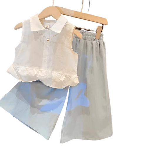 Girls' Little Flying Sleeve Set 2024 Summer New Stylish Design Sensory Sleeveless Cotton Shirt Wide Leg Pants Two-Piece Set