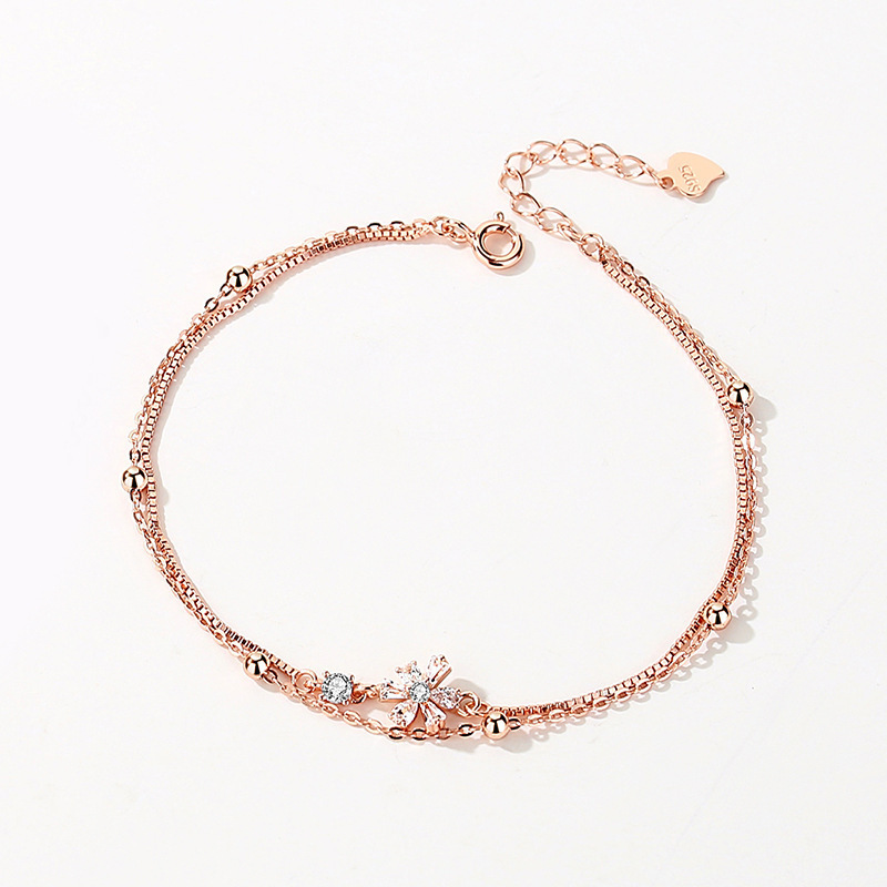 S925純銀桜二重ブレスレット 女性用 ガーリー系 花柄 親友向けアクセサリー 花柄 通勤用ブレスレット 卸売|undefined