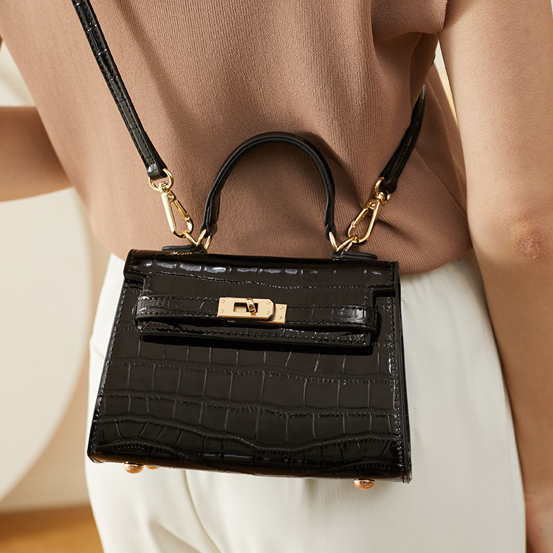 Bags 2026 Spring and Summer New Style Genuine Leather Bags for Women, Crossbody Light Luxury Handbags, Crocodile Pattern Kelly Bag, Cowhide Small Bag