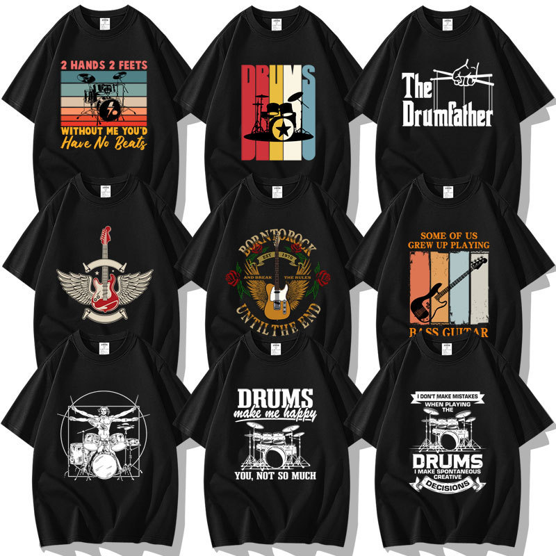 Rock Band Xu Wei Zhao Lei Music Festival Performance Short Sleeve Guitar Bass Drum Pattern Printed T-shirt