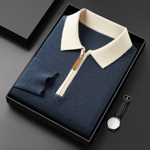 New Wool Sweater Men's 100 Pure Wool POLO Collar Sweater Winter Thickened Warm Knitted Base Cashmere Sweater Trendy