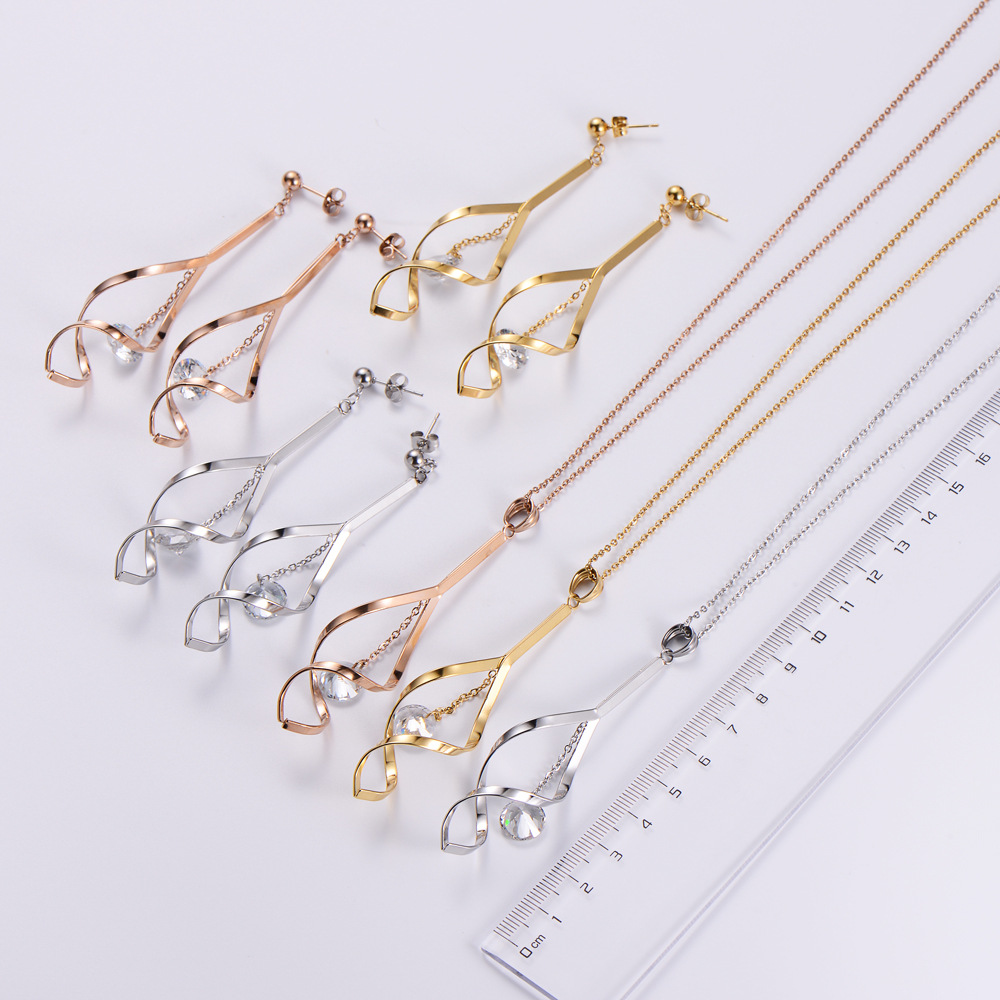 2022 New Geometric Diamond Long Tassel Stainless Steel Earrings Necklace Set