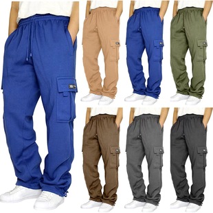 2023 Cross-Border Plus-Size Fleece-Lined Cargo Pants with Drawstring Cuffs, Webbing, and Patchwork Magic Pants Cargo Pants