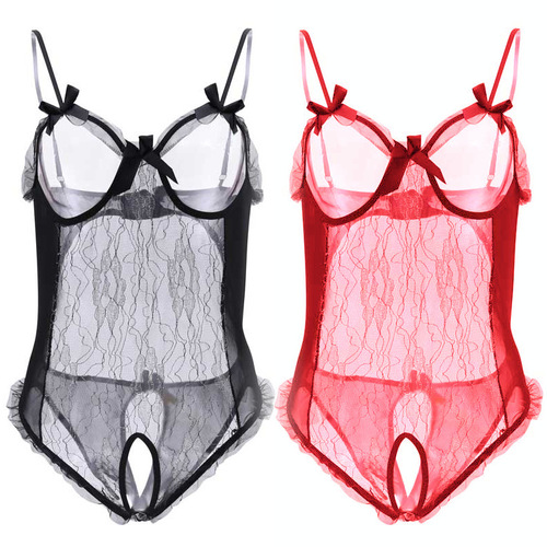 Lingerie for plus-size women in the Western market, featuring sexy silver thread, lace butterfly bows, open-leg, revealing, three-point style.