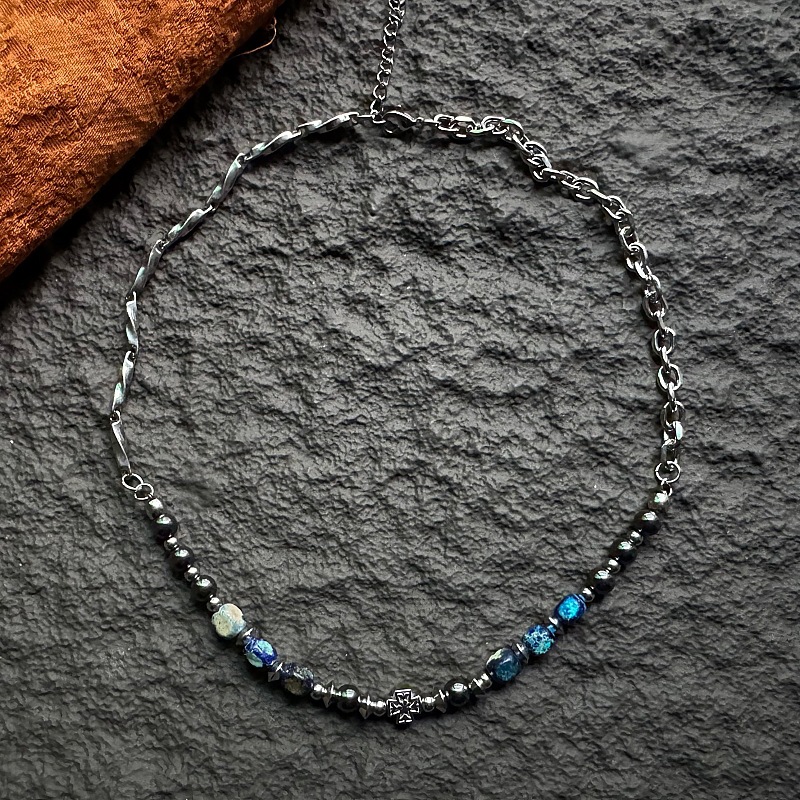 Gag Natural Stone Square Bead Blue Necklace Stainless Steel Chain Splicing Retro Chinese Style Cool Style Jewelry for Men