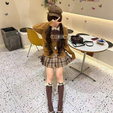JK制服针织衫萌妹叠穿漫感长袖开衫外搭毛衣慵懒外套jk格裙一整套