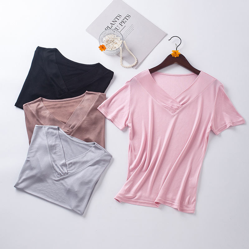 New mulberry silk Women's T-shirt short-sleeved knitted silk summer stacked collar fashion V-neck solid color slim top