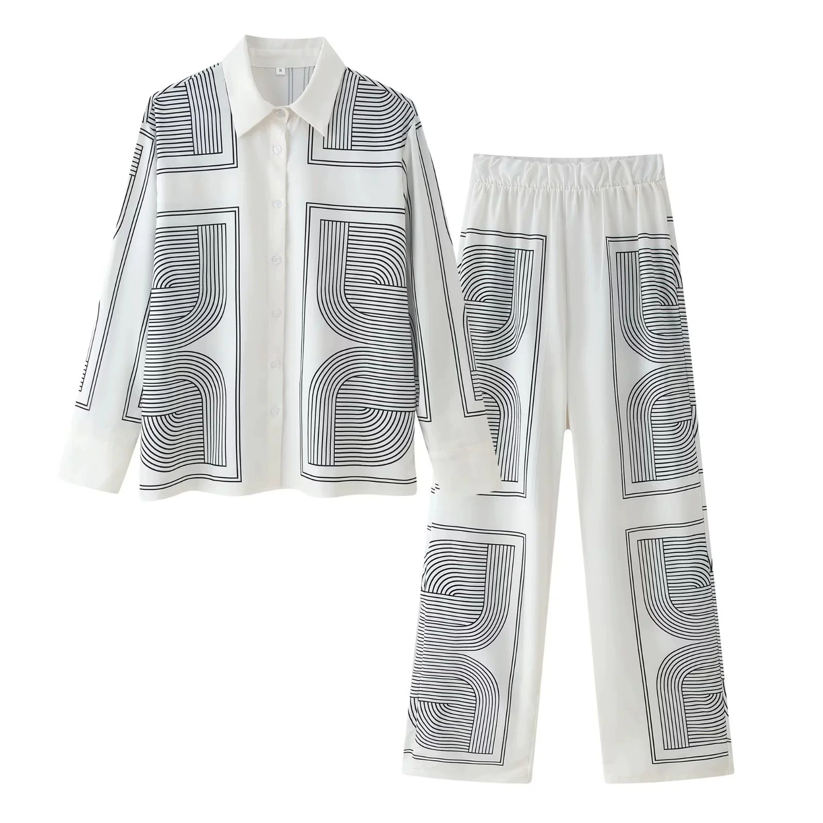 Трансграничные эксклюзивные для европейских и американских женщин AliExpress INS рубашки с взрывным принтом с высокой талией, складки с широкими ногами, длинные брюки две части