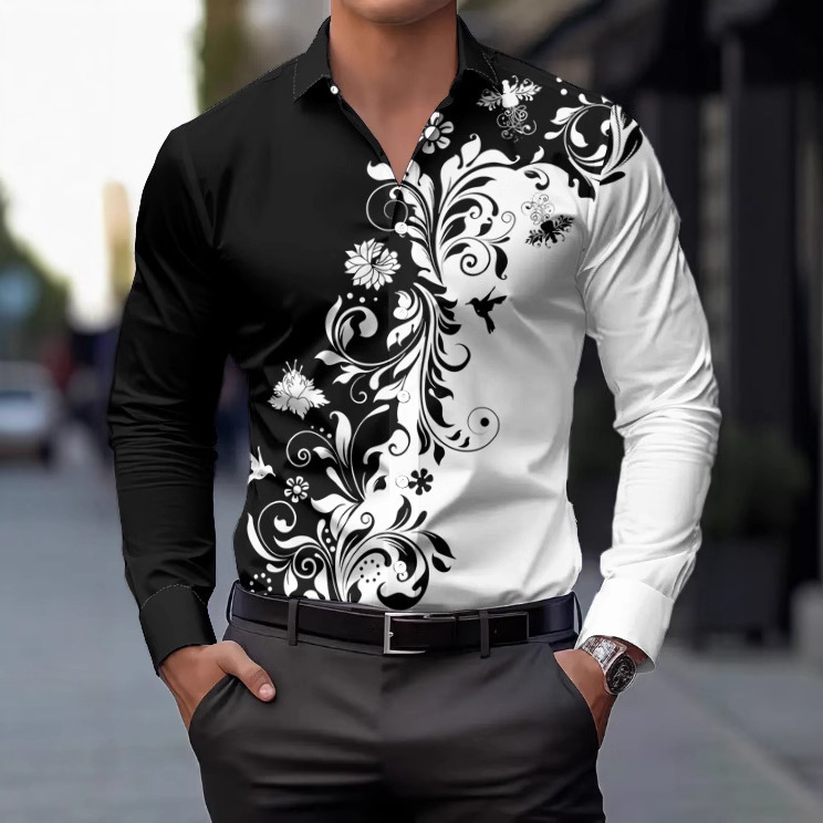 Men's long-sleeve shirt with black and white floral contrast, turn-down collar, business casual shirt, cross-border dropshipping from the source factory