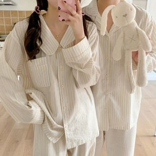 2023 Korean Style Autumn New Arrival Striped Couples Home Clothes Long Sleeve Trousers Casual Cardigan Outwear Pajamas Set