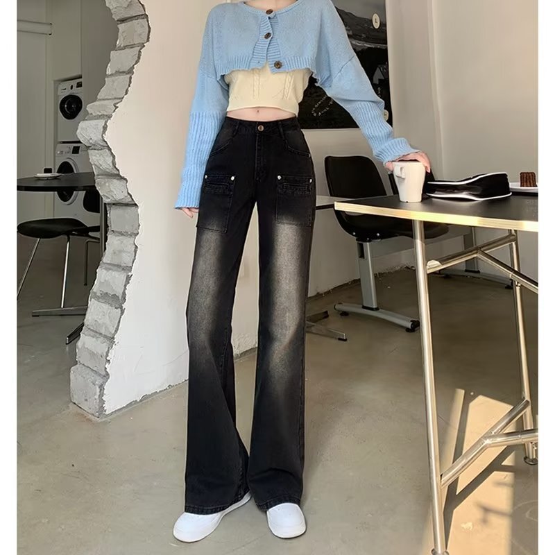 大きいサイズの太った妹のハイウエストのストレートジーンズの女性の秋冬のゆったりしているのが見えます。|undefined