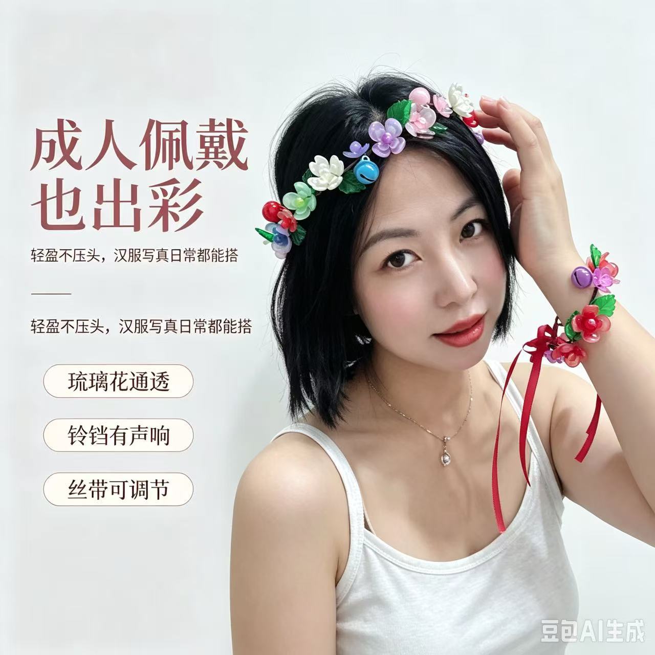 Acrylic bell flower garland hair accessory set, suitable for adults and children, for Hanfu photo shoots, including headwear and bracelet accessories