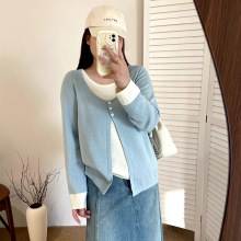 大码圆领撞色假两件上衣女休闲宽松毛衣2025秋款胖mm针织衫23090
