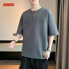 美式復古短袖T恤男2024夏季新款壓花寬鬆大碼日系圓領ins潮牌上衣