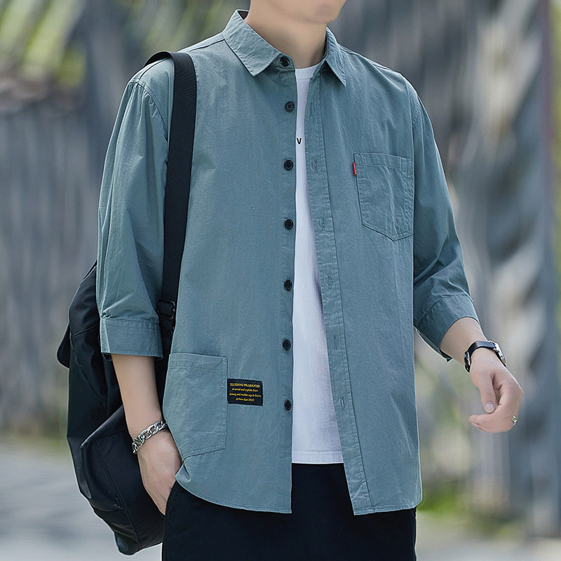 Summer new pure cotton 3/4 sleeve shirt men's Hong Kong style casual tooling cotton shirt jacket loose men's fashion