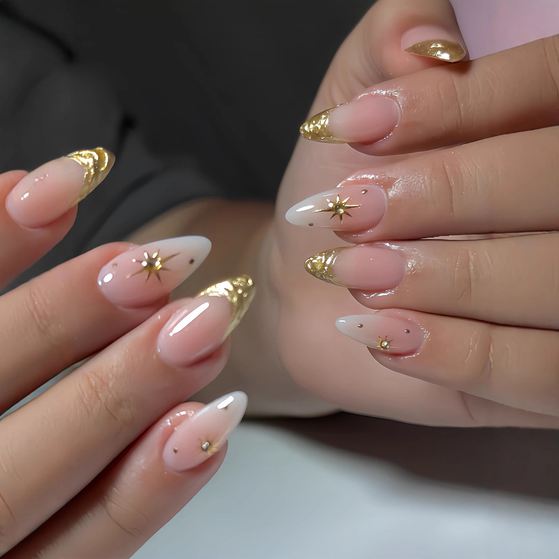 Zircon French Gold Foil Wearable Nails for Girls with Sun Diamonds and Long Almond Nails Set