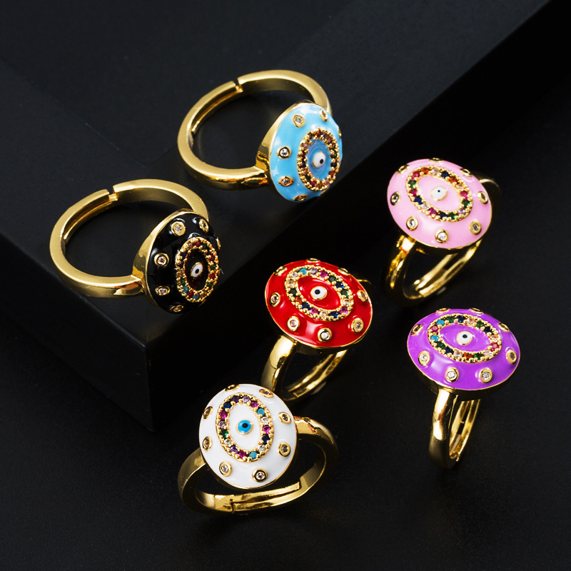 Fashion Copper Micro-inlaid Zircon Color Oil Dripping Devil's Eye Open Ring display picture 2