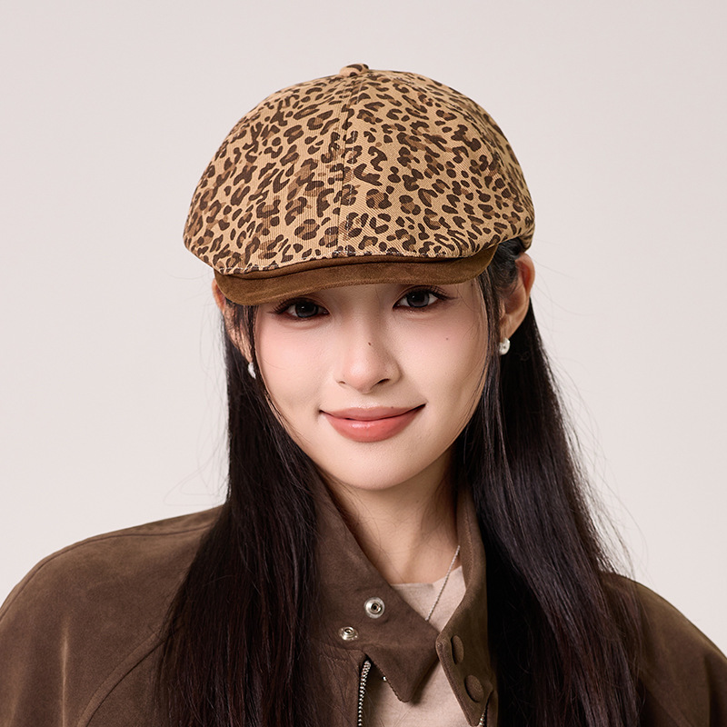 美式复古街头豹纹初秋前进帽女透气大头围显脸小时尚百搭贝雷帽子|undefined