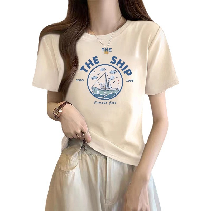 純綿半袖tシャツ女性夏韓国版新型ゆるい丸首小衆白色アニメプリント学生半袖tシャツ|undefined
