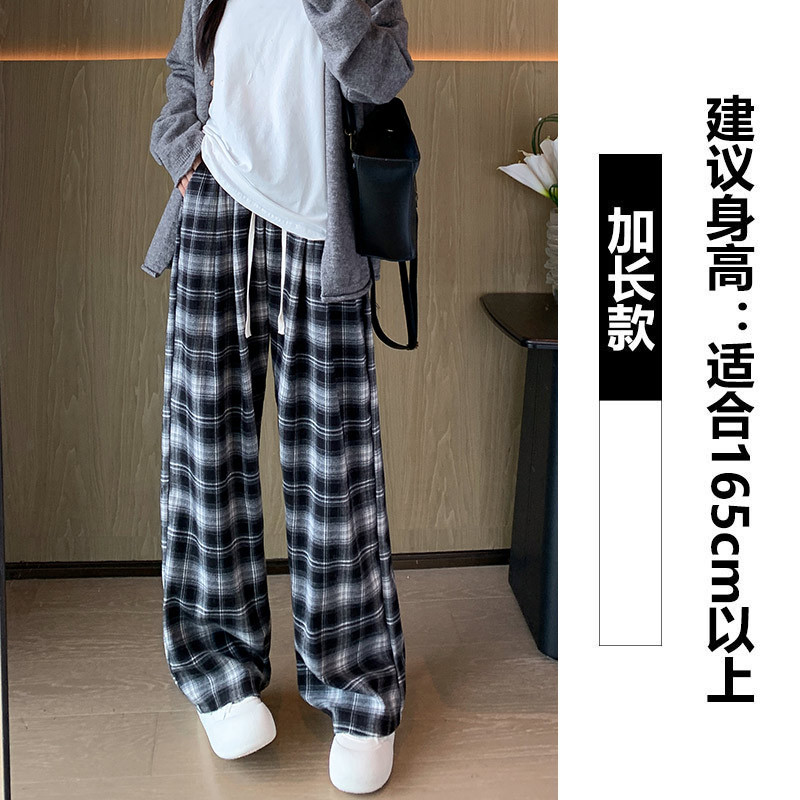 Pantalones de pierna ancha con cordón de cintura alta a cuadros retro mujeres 2024 otoño e invierno más pantalones casuales rectos de moda sueltos y delgados de terciopelo image 8