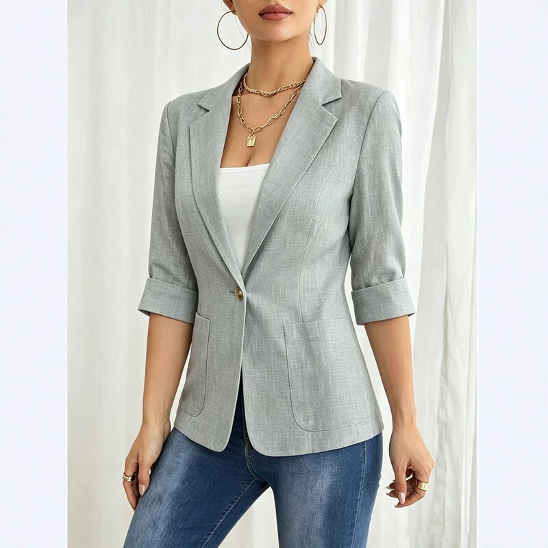 2026 Autumn New Elegant Solid Color Fashion Pocket Blazer for Women, Button-Up Top, Summer Thin Style 2026 Autumn New Elegant Solid Color Fashion Pocket Blazer for Women, Button-Up Top, Summer Thin Style