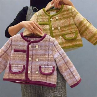 New Outwear 2024 Korean Style Kidsren's Clothing Winter New Style Girls' Style Double-Breasted Woolen Outwear Kidsren's Tops Trendy