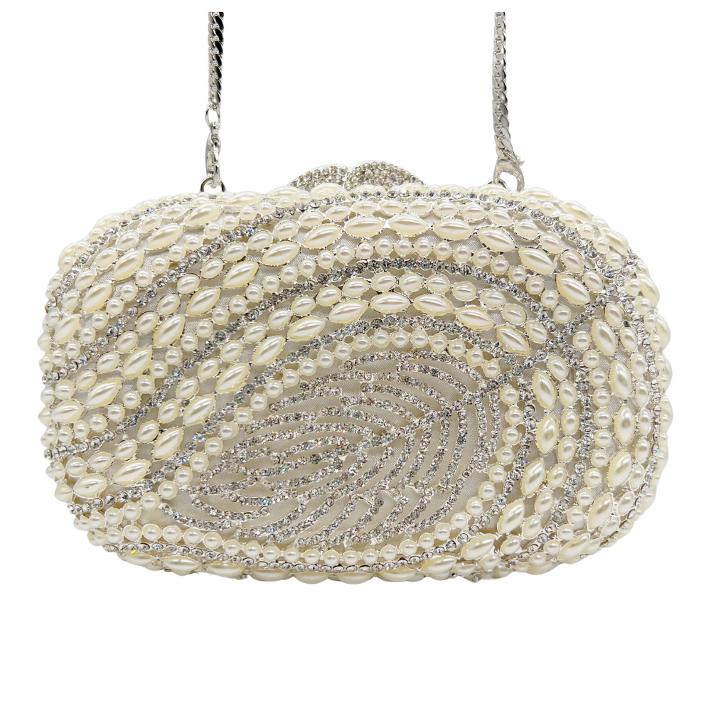 Túi clutch dạ tiệc đính kim cương rỗng lá phong cách mới — Màu trắng, Ngọc trai bạc, Bạc pha lê trắng, Màu sâm panh chi tiết 3