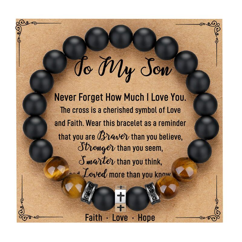 Father's Day Gift Bracelet Obsidian Tiger Eye Stainless Steel Cross Beaded Men's Gift Black Frosted Bracelet Father's Day Gift Bracelet Obsidian Tiger Eye Stainless Steel Cross Beaded Men's Gift Black Frosted Bracelet