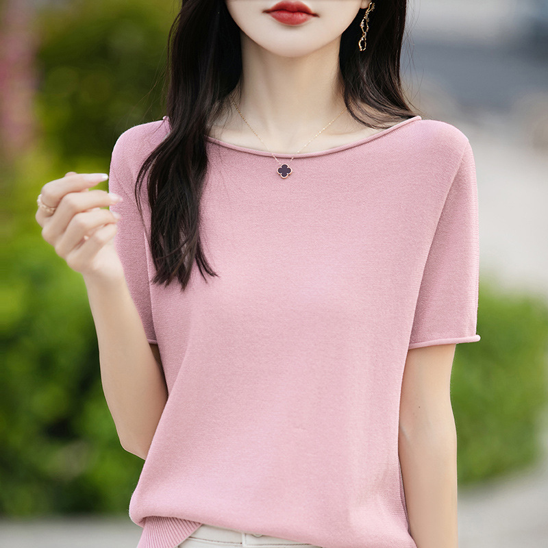 Women's Short-sleeved Diamond Asbestos T-shirt with One-necker Curl-edge Knitted Summer Thin Loose Base-layer Shirt Half-sleeved Inner Top Women's Short-sleeved Diamond Asbestos T-shirt with One-necker Curl-edge Knitted Summer Thin Loose Base-layer Shirt Half-sleeved Inner Top