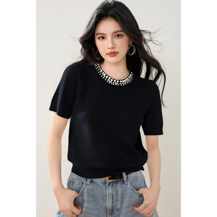 Pearl Crewneck Sweater Summer Light Luxury Elegant Loose Thin Pullover Base Shirt Top