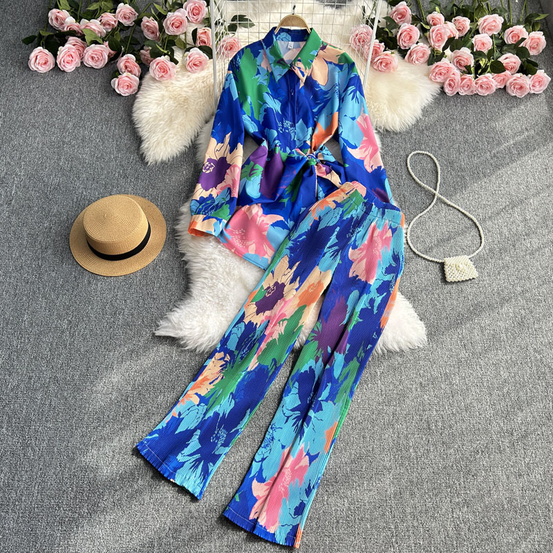 Women's Clothing Fashion suit women's casual loose long sleeved single breasted shirt two piece set high slimming tie dye printed wide leg pants_voghion.com