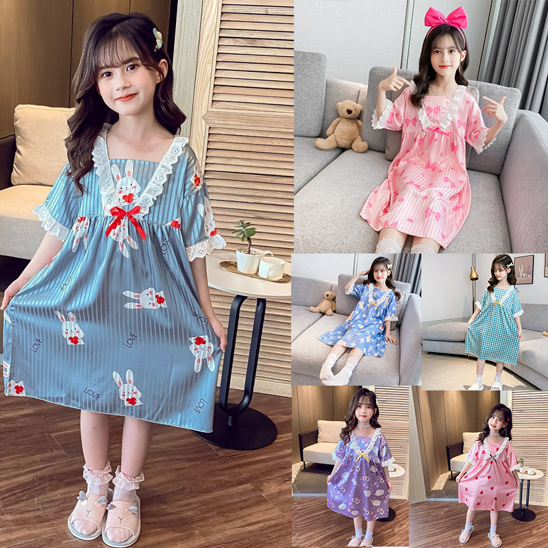 家居服女童睡衣薄款短袖兒童睡裙女孩冰絲裙愛心蝴蝶結蕾絲邊裙子