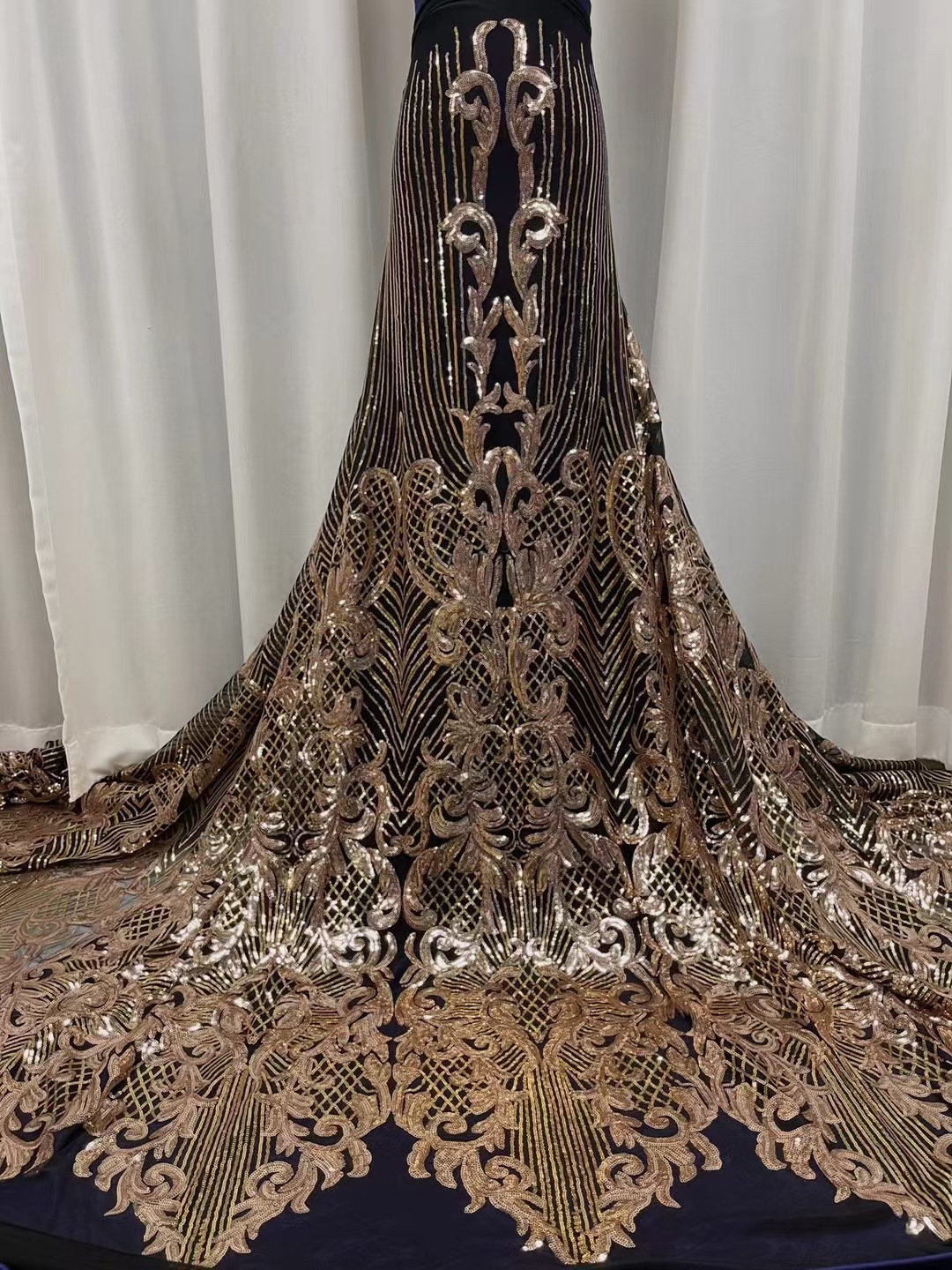Lentejuelas tela de encaje africano europeo y americano vestido de novia moda bordado tela de encaje de lentejuelas JX1296
