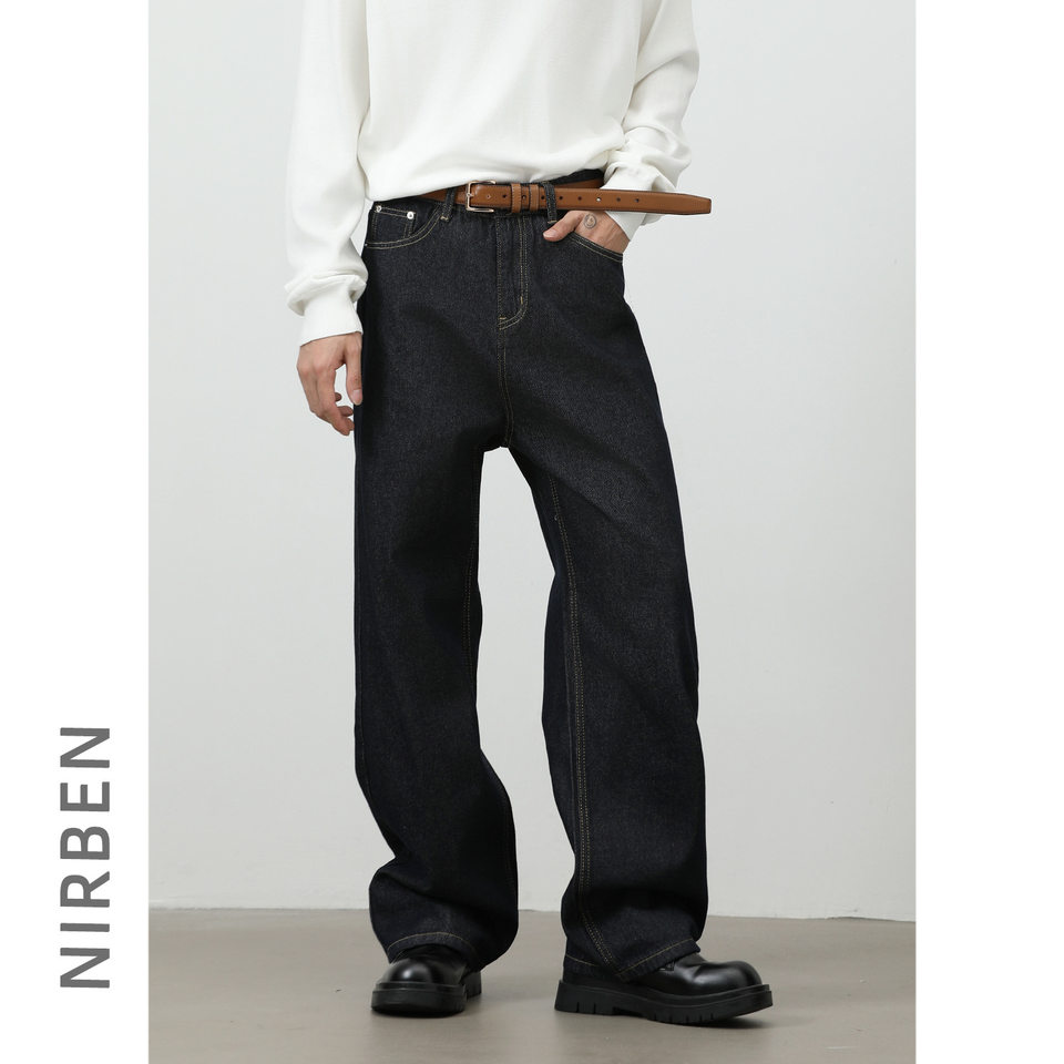 Quần jean denim nam dáng rộng ống thẳng Mỹ — Denim đen, màu xanh denim