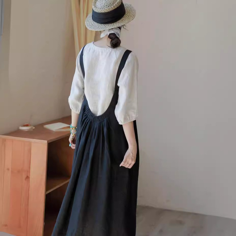 Fresh Elegant, Back Scenery, Age-Reducing Linen Black Dress for Women, 2025 Summer New Women's Suspender Skirt
