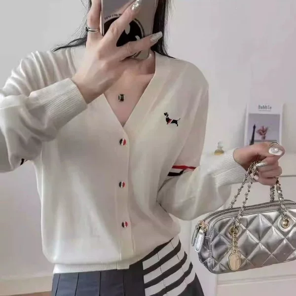 【Silk Cotton】Knitted Cardigan Striped Jacket with Cute Dog Embroidery, Fashionable Long Sleeve Top, White Thin Sweater
