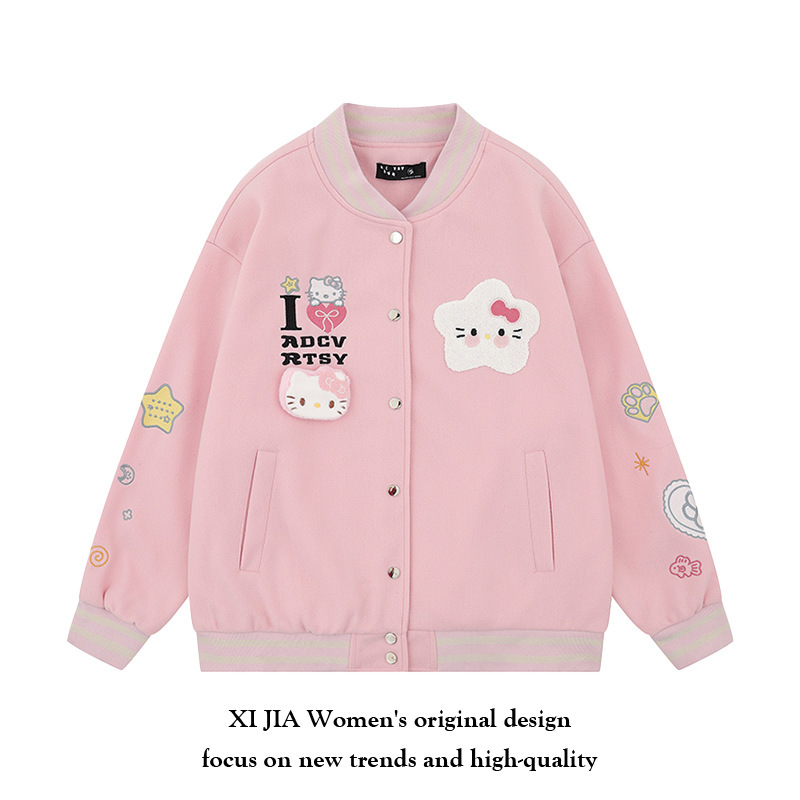 2025 Chinese Style Hello Kitty Embroidered Baseball Jacket for Women, New Loose Casual Stand Collar Jacket Top Trendy
