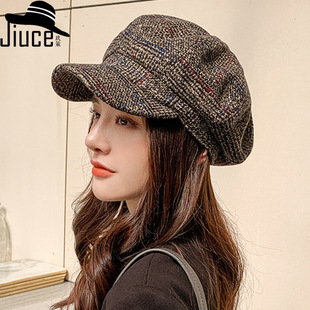 Korean Style Thickened Plaid Woolen Octagonal Cap Women's Korean Style Fashion Casual Beret Ear Protection Warm British Painter Cap