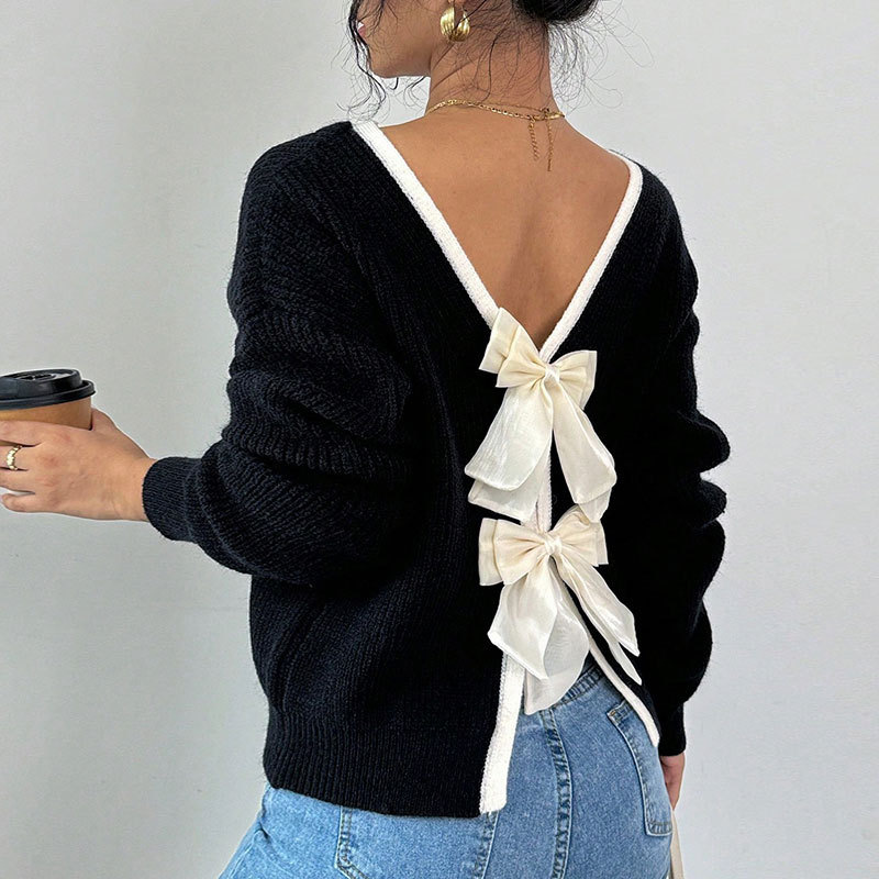 European And American Autumn Winter New For Women Cross-Border Fashion Back Bow Decoration Round Neck Pullover_voghion.com