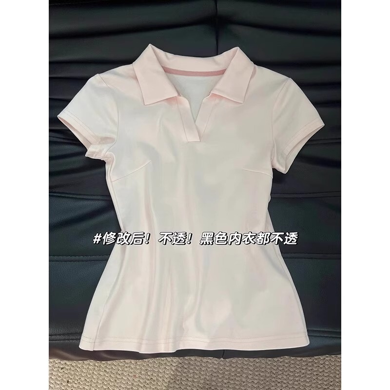 ピンクの右肩ポロシャツラペル半袖Tシャツレディース夏服2025新作スリムフィットトップ|undefined