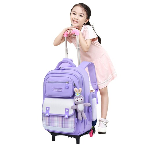 Rolling backpack for girls, suitable for students in grades 3 to 6, large capacity, children's rolling suitcase, dual-use large wheel, climbs stairs