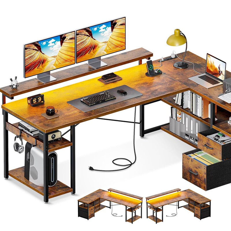 Factory Direct Sales with Drawer, Socket, Light Strip Work Table, Cross-Border Hot Product L-Shaped Reversible Corner Computer Table