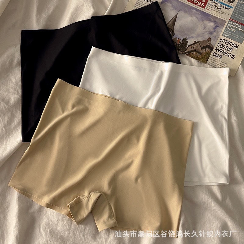 New Foreign Trade Solid Color Ice Silk Panties for Women, Pure Cotton Crotch, Breathable Mid-Waist, Seamless Anti-Exposure Safety Shorts, Boxer Briefs