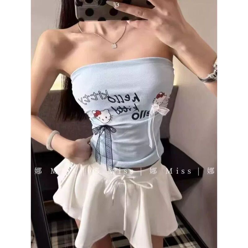 人棉Kitty猫印花蝴蝶结无袖抹胸背心女夏修身辣妹美背短衣外穿潮|undefined