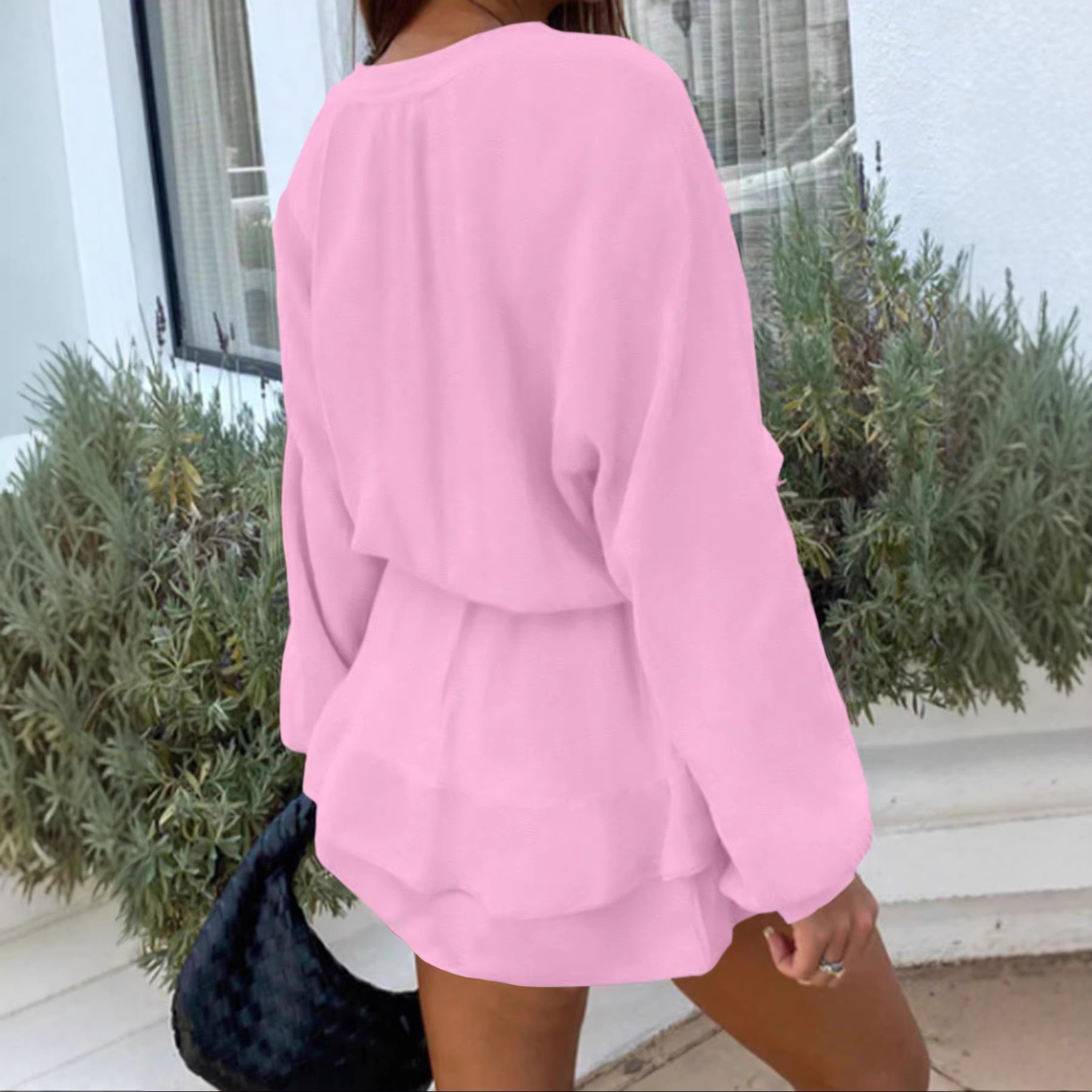European And American Cross-border Women's Fashion Solid Color Tie-up Cardigan, Round-neck Lantern Sleeve_ecoleips.com