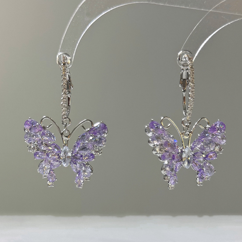 Silver Needle Super Sparkling Zircon Butterfly Pendant Hoop Fashion Versatile Elegant Stud Light Luxury High-end Feel_voghion.com